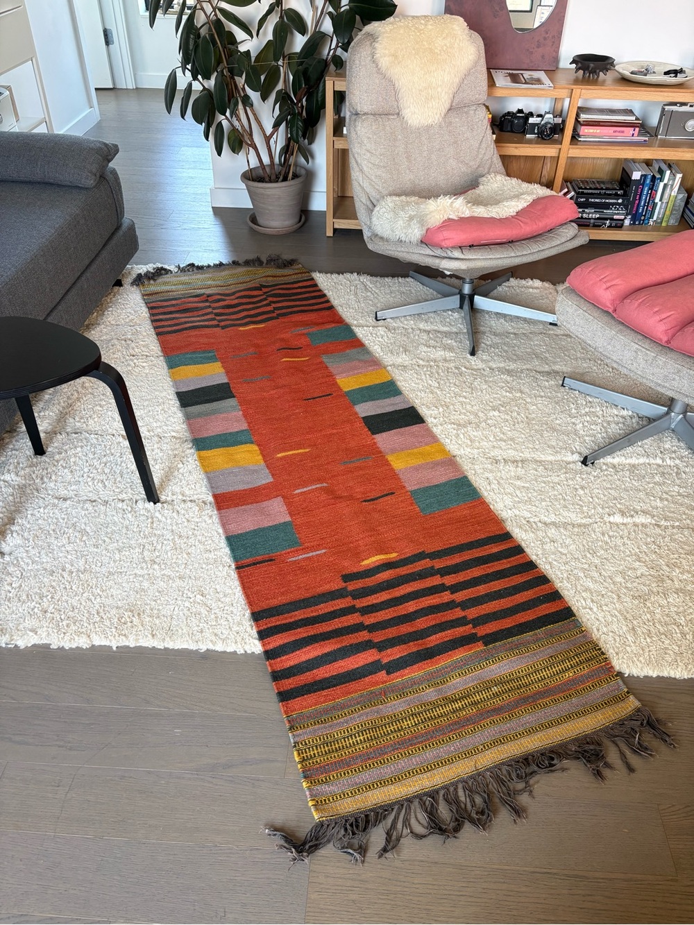 woven Kilim Runner Rug in Rust, Teal & Mustard